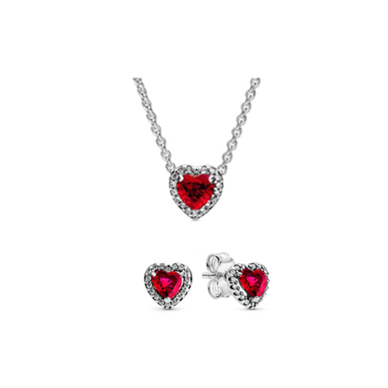 High Quality 925 Silver Red Heart-Shaped Zircon Women's Necklace Set Valentine's Day Gift Engagement Friend Gift Party Banquet Support Customization