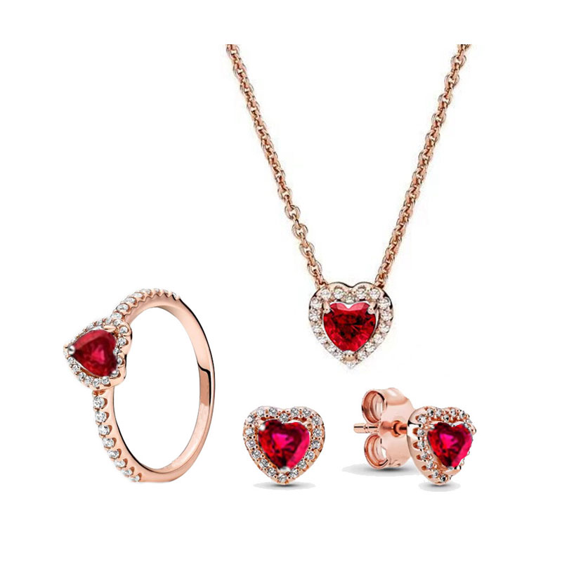 925 Silver Love Charm Necklace Ring Earrings Set Jewelry Dark Red Pink Romantic Valentine's Day Women's Family Gift Personality
