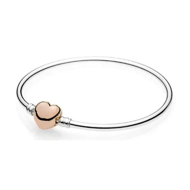 Snowflake Princess Heart Charms Beads Moments Clasp Bangle Rose Gold Women's Hand Bracelets S925 Silver Original Free Shipping