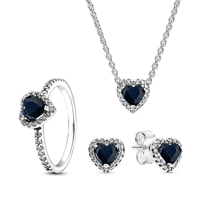 925 Silver Love Charm Necklace Ring Earrings Set Jewelry Dark Red Pink Romantic Valentine's Day Women's Family Gift Personality