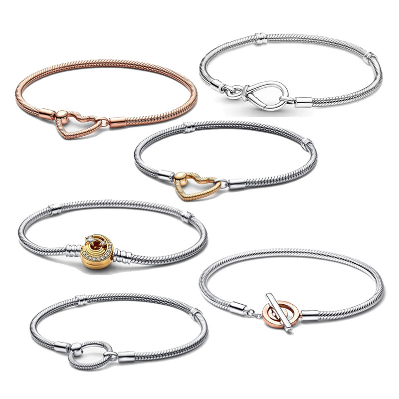 Copper Alloy Silver Plated Jewelry Two-tone Logo T-bar Moments Heart Closure Snake Chain Bracelet For Women Men Luxury Charms Original