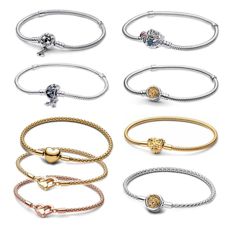 Silver Plated Copper Alloy Women Snake Charm Bracelet DIY Man Fit Original Beads Jewelry Making Heart Shaped Daisy Chain Buckle Bone Party
