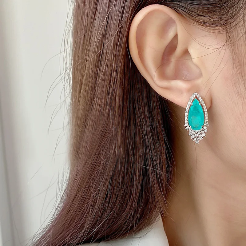 Graceful Drop Paraiba Tourmaline Set For Women Necklace Stud Earrings S925 Sterling Silver Jewelry Anniversary Gift Girlfriend