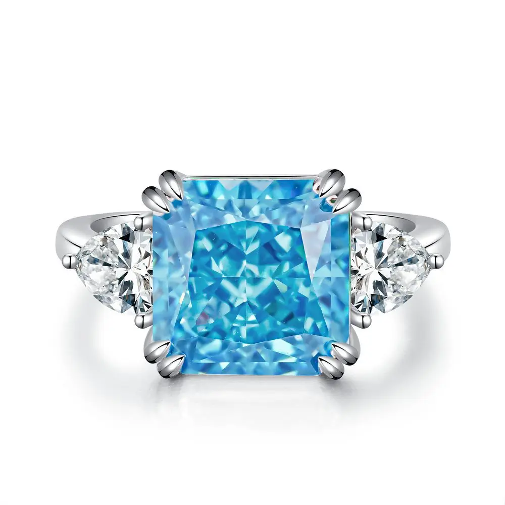 Oval Blue Gemstone Ring S925 Sterling Silver Fine Jewelry For Women Girl Emerald Cut  Lab Grown 5A Zircon High Carbon Diamond