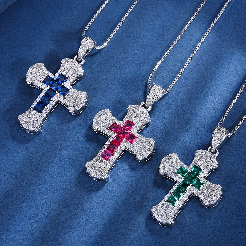 Gold Plated Retro Style Color Gemstone Cross Temperament Fashion Women's Necklace Master 5 * 5 Faith Pendant Men's Charm Party