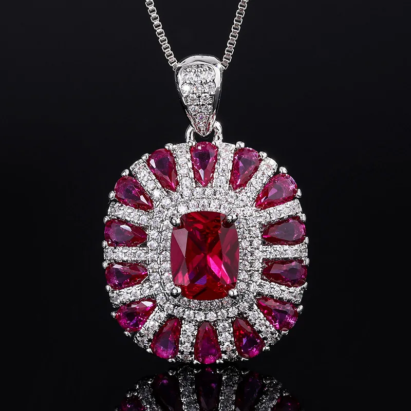 Sparkling Lab Created 7*9mm Sapphire Ruby Pink High Carbon Diamond Jewelry Set For Women Necklace Ring Engagement Wedding Luxury