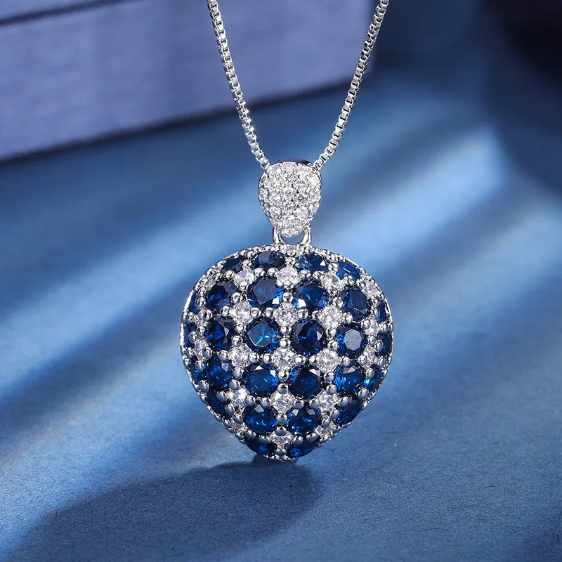 925 Silver Women's Necklace Korean Version Temperament Color Gem Heart Pendant European American Style Sweet Romantic Jewelry