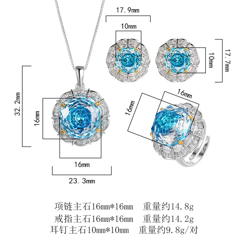 Rose Cut 16-10mm High Quality Zircon Aqua Blue White Gold Plated Elegant Jewelry Set Bridal Party Fashion Trendy