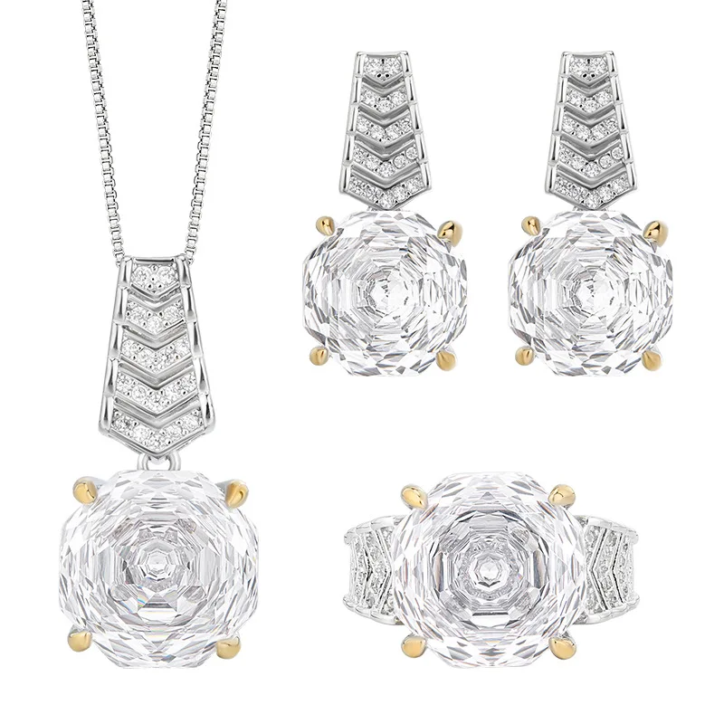 Rose Cut 14-12mm High Quality Zircon White Diamond White Gold Plated Jewelry Set Stackable Daily Trendy