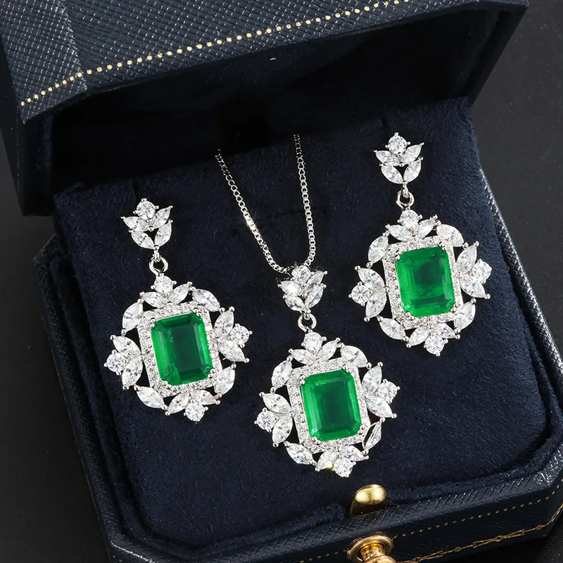 Vintage Emerald Jewelry Sets Zircon Dainty Necklace Chain With Pendant Drop Earrings Antique Ring For Women Wedding Anniversary