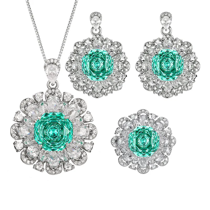 Millennium Cut 12-10mm High Quality Zircon Para Green White Gold Plated Flower Jewelry Set Retro Trendy