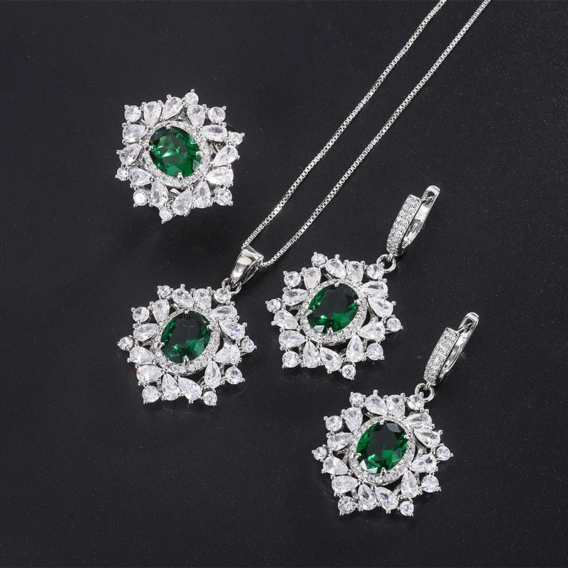 Sparkling Cubic Zirconia Lab Created Emerald Hoop Earrings Necklace Ring Jewelry Set For Women Popular Anniversary Gift