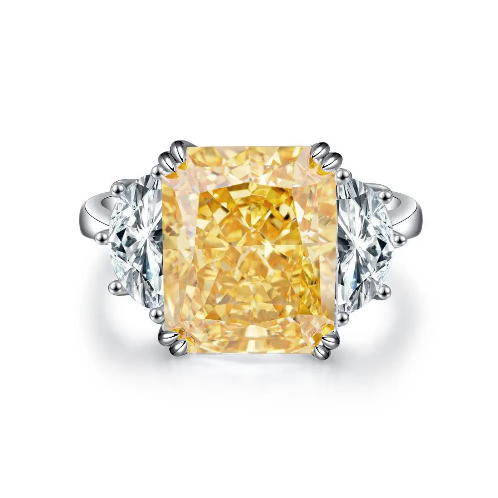Yellow 5A Zircon S925 Sterling Silver Square Radiant Cut Ring For Women Girl Ice Flowers Wedding Ring Luxury Fine Jewelry Gift