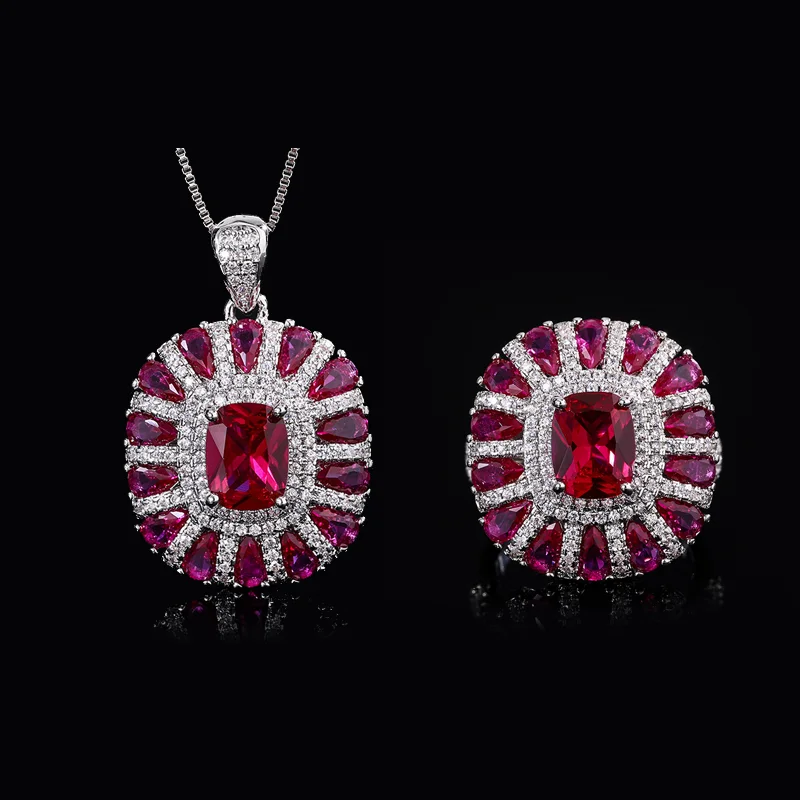 Sparkling Lab Created 7*9mm Sapphire Ruby Pink High Carbon Diamond Jewelry Set For Women Necklace Ring Engagement Wedding Luxury