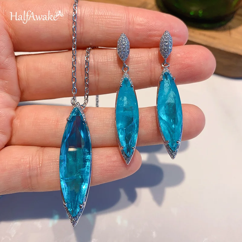 European And American Style Blue Paraiba Gemstone Earrings Necklace Jewelry Set Earrings 8*27 Pendant 10*35 Women's Jewelry Gift