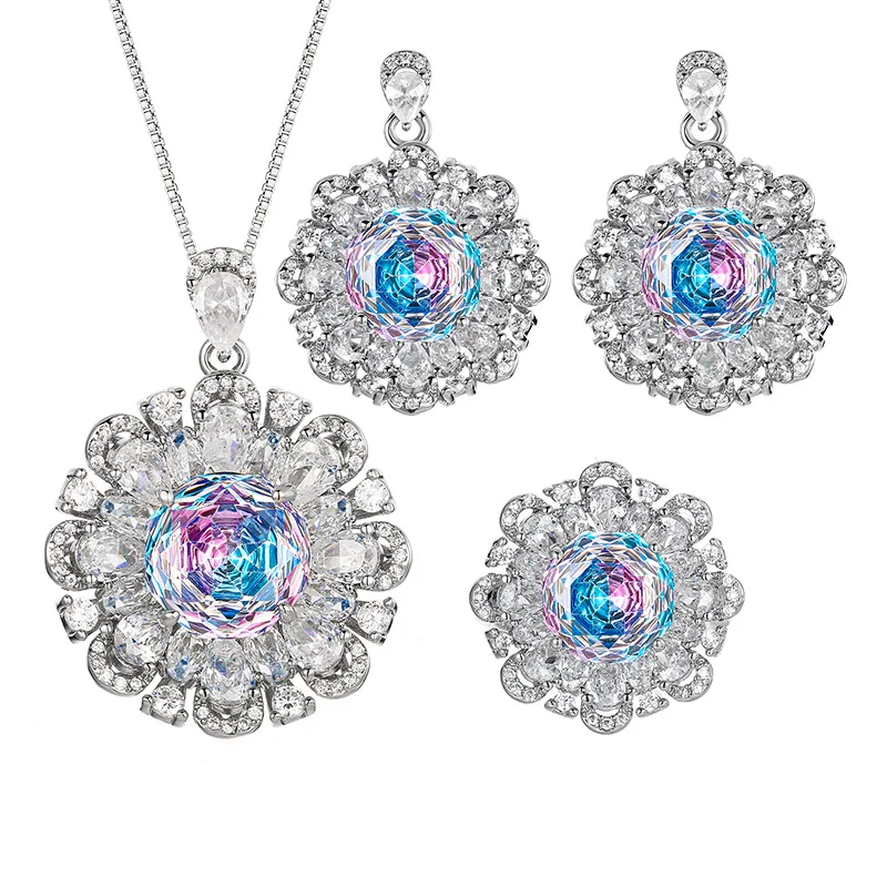 Millennium Cut 12-10mm High Quality Zircon Gradient White Gold Plated Flower Jewelry Set Bridal Wedding Trendy