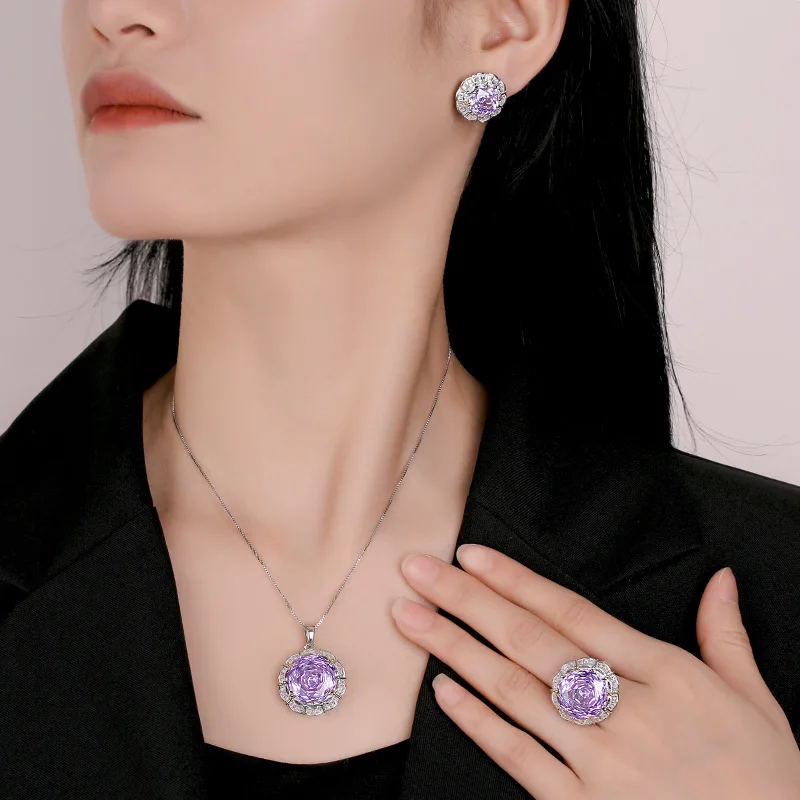Rose Cut 16-10mm High Quality Zircon Violet White Gold Plated Luxury Jewelry Set Bridal Wedding Gift Trendy