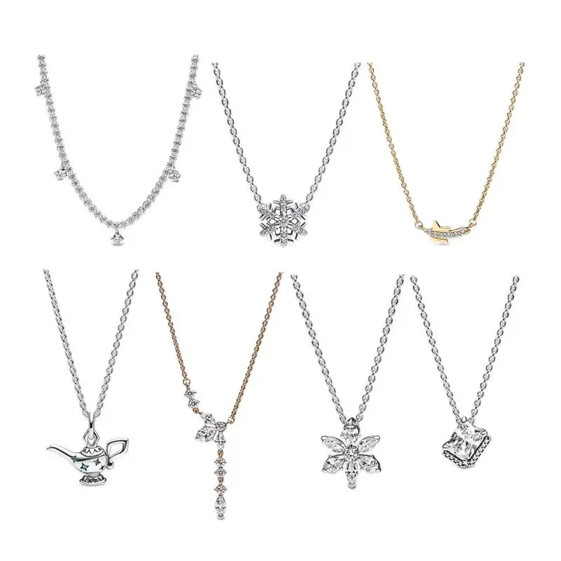 Silver Plated Copper Alloy Shine Snowflake Rectangular Herbarium Cluster Drop Shooting Star Pavé Pendant Necklace For Women Free Shipping