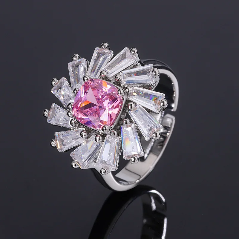 Beautiful Jewelry Set Fashion Pink Flower Pendant Necklace Zircon Rings For Women Small Earrings Cute Charm Valentine's Day Gift