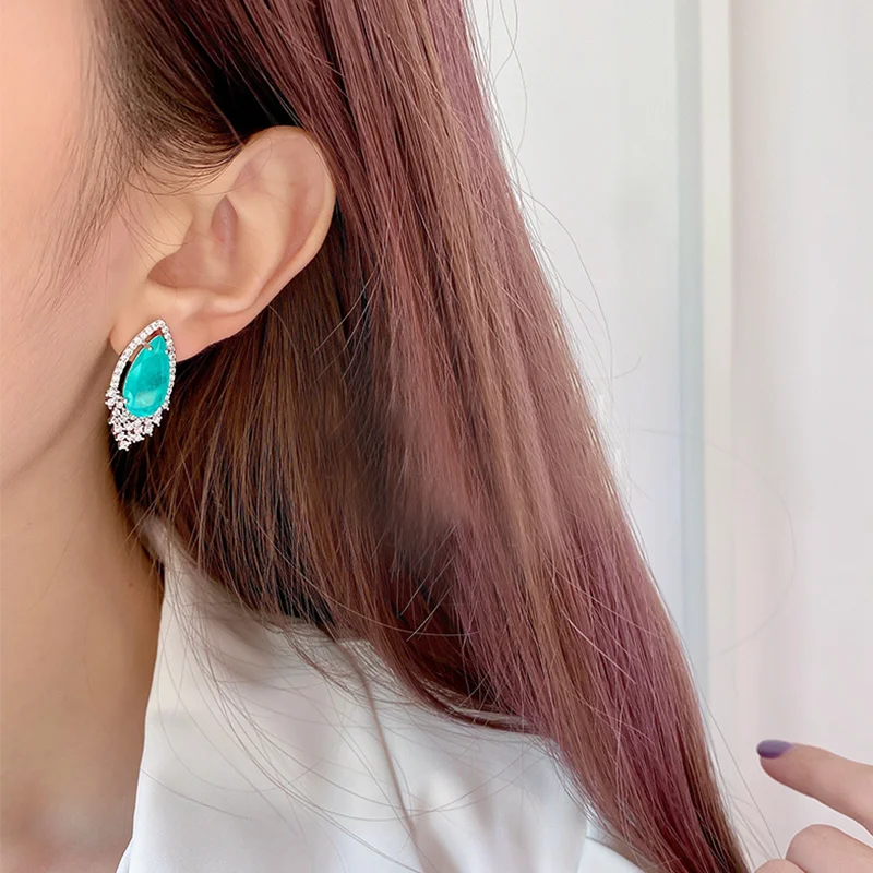 Graceful Drop Paraiba Tourmaline Set For Women Necklace Stud Earrings S925 Sterling Silver Jewelry Anniversary Gift Girlfriend