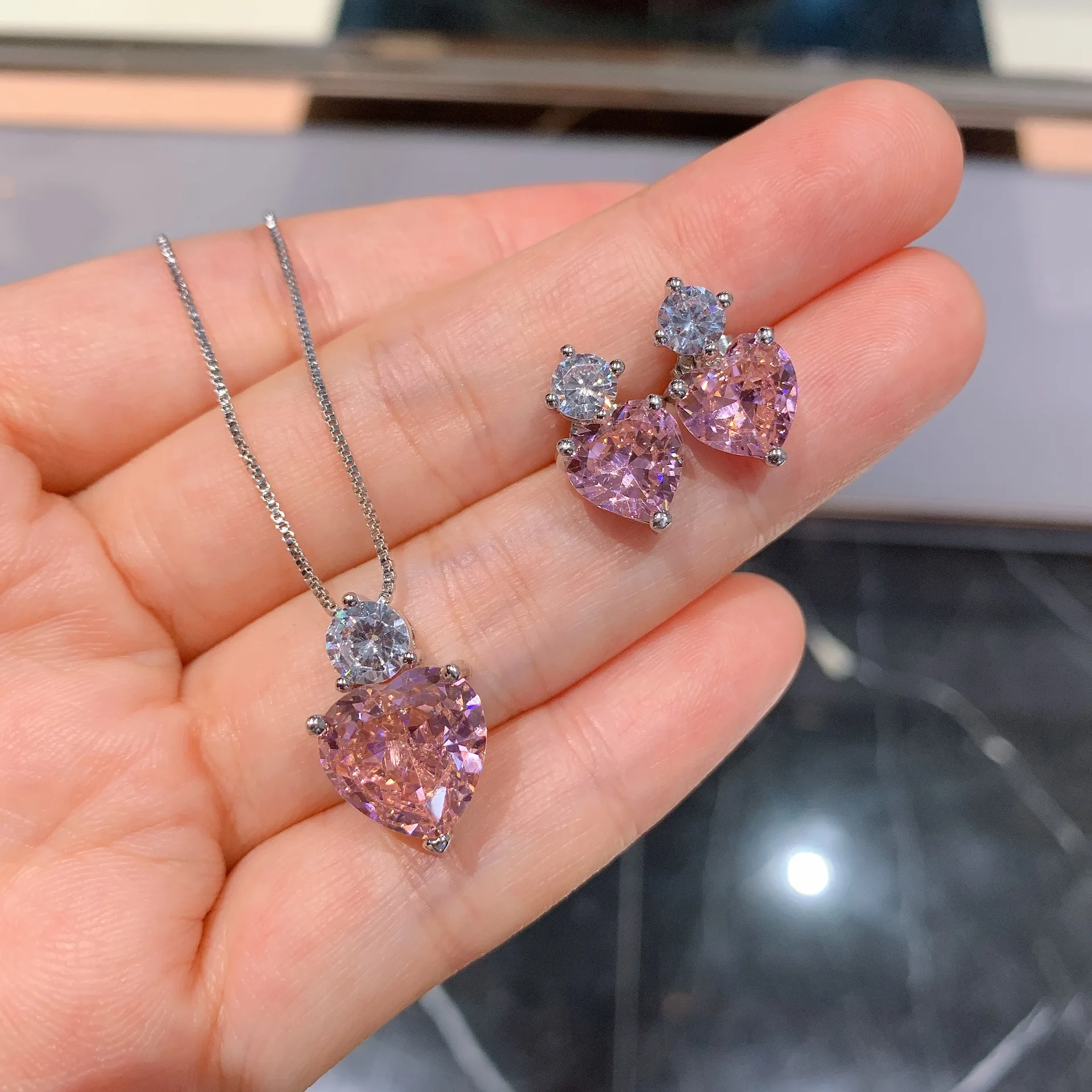 Romantic Pink Heart High Carbon Diamond S925 Silver Jewelry Set Pendant Necklace Earrings For Women Luxury Valentine's Day Gift