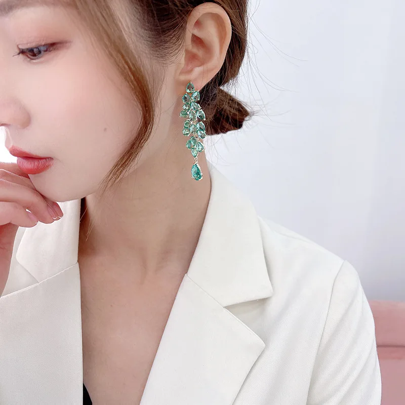 Fashion Tassel Green Purple Smart Leaf Zircon Earrings For Women Wedding Evening Dress Accessories Silver Plated Needle Jewelry
