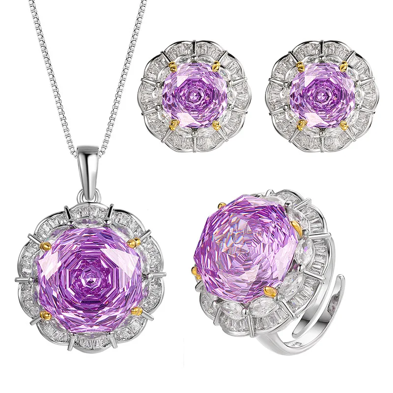 Rose Cut 16-10mm High Quality Zircon Violet White Gold Plated Luxury Jewelry Set Bridal Wedding Gift Trendy
