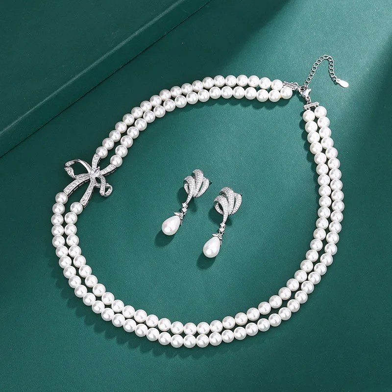 Elegant Artificial Pearl Luxury Jewelry Set For Women Bowknot Silver Alloy Necklace Earrings Popular Engagement Wedding