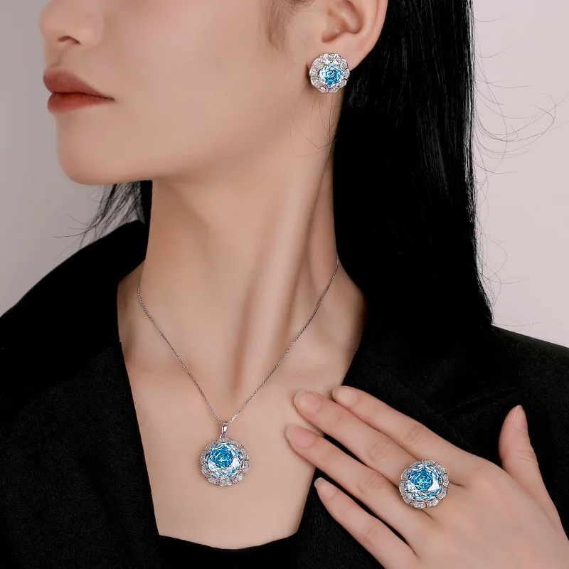 Rose Cut 16-10mm High Quality Zircon Aqua Blue White Gold Plated Elegant Jewelry Set Bridal Party Fashion Trendy