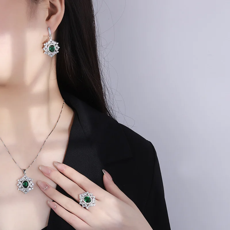 Sparkling Cubic Zirconia Lab Created Emerald Hoop Earrings Necklace Ring Jewelry Set For Women Popular Anniversary Gift