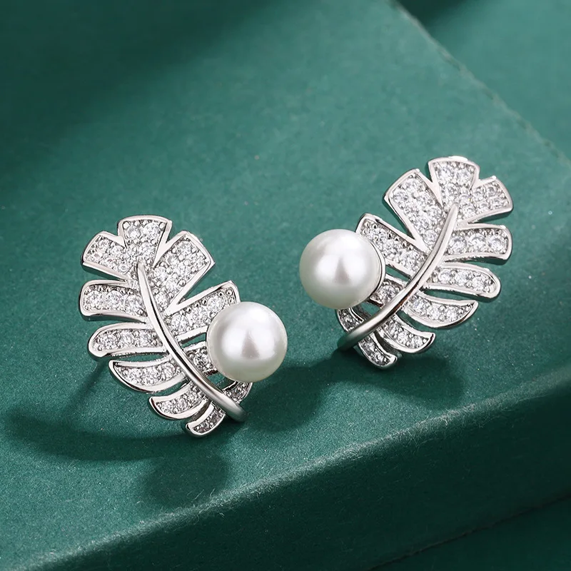 Beautiful Jewelry Pearl Pendant S925 Silver Needle Feather Pearl Earrings Luxury Zircon Rings Personality Charm Mothers Day Gift