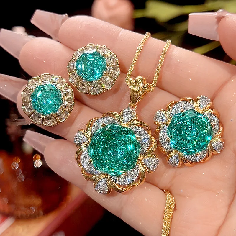 Para Green 16-14mm High Quality Zircon Vintage Brushed White Gold Plated Luxury Jewelry Set Retro Trendy