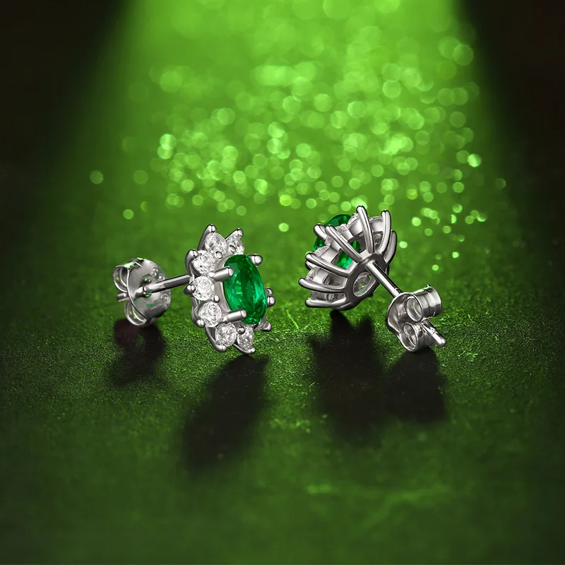 Delicate Lab Created Emerald S925 Sterling Silver Flower Stud Earrings For Women Popular Vintage Jewelry Anniversary Gift