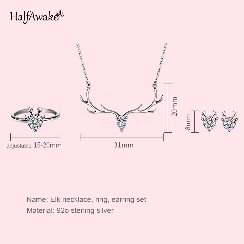 Delicate 925 Sterling Silver Jewelry Set Original Zircon Antler Elk Pendant Necklace Ring Earrings For Women Christmas Gift Gril