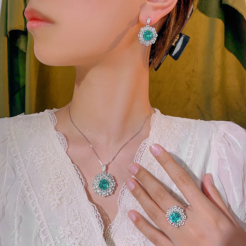 Millennium Cut 12-10mm High Quality Zircon Para Green White Gold Plated Flower Jewelry Set Retro Trendy