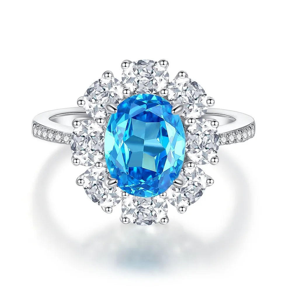 Oval Blue Gemstone Ring S925 Sterling Silver Fine Jewelry For Women Girl Emerald Cut  Lab Grown 5A Zircon High Carbon Diamond