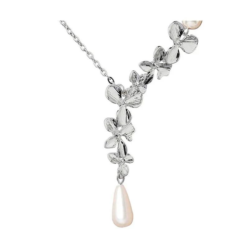 Aesthetic Pearl Necklace Women's 100% Silver Plated Metal Flower Choker Pendant Layered Neck Chains Necklace For Women Girl Gift
