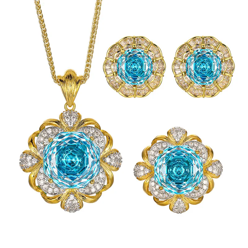 Aqua 16-14mm High Quality Zircon Vintage Brushed White Gold Plated Luxury Jewelry Set Retro Trendy