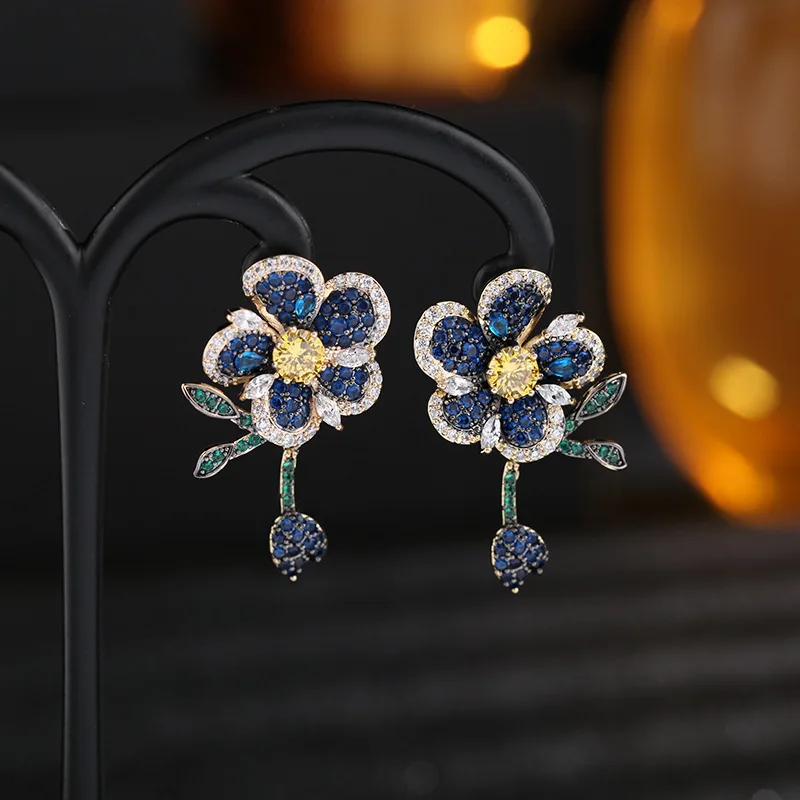 Korean Style HQD Full Zircon Flower Smart Leaf Earrings For Women Female Real Ag Needle Gothic Stud Earrings New Trend