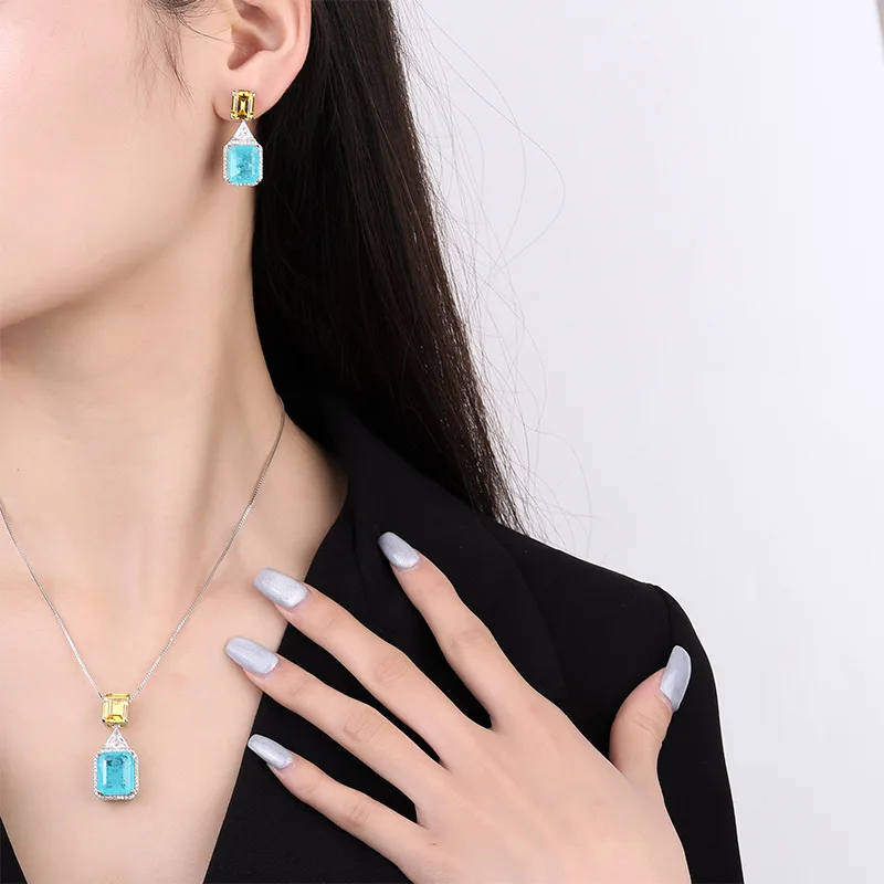 Paraiba Tourmaline Yellow White High Carbon Diamond Jewelry Sets Silver Alloy Earrings Pendant Necklace For Women Popular