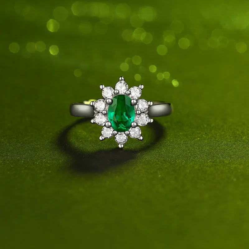 Elegant Flower Lab Created Oval Emerald Resizable Women's Finger Ring Popular 925 Sterling Silver Birthday Gift Girlfriend