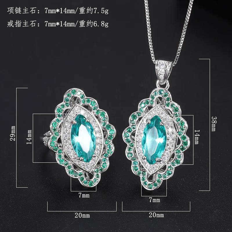 Elegant Marquise Cut Paraiba Tourmaline Vintage Jewelry Sets For Women Pendant Necklace Ring Popular Anniversary Gift Girl