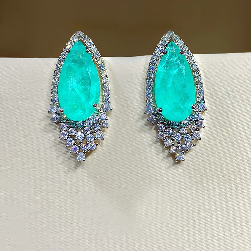 Graceful Drop Paraiba Tourmaline Set For Women Necklace Stud Earrings S925 Sterling Silver Jewelry Anniversary Gift Girlfriend