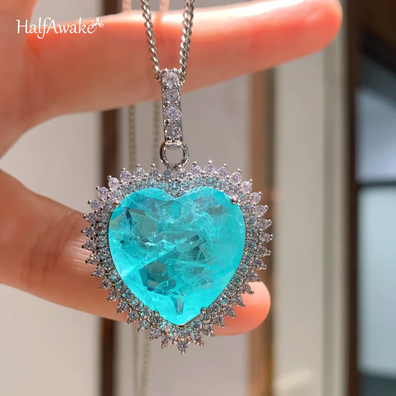 Romantic Lab Created Heart Emerald Paraiba Tourmaline Pendant Necklace Chain Luxury Jewelry Valentine's Day Gift