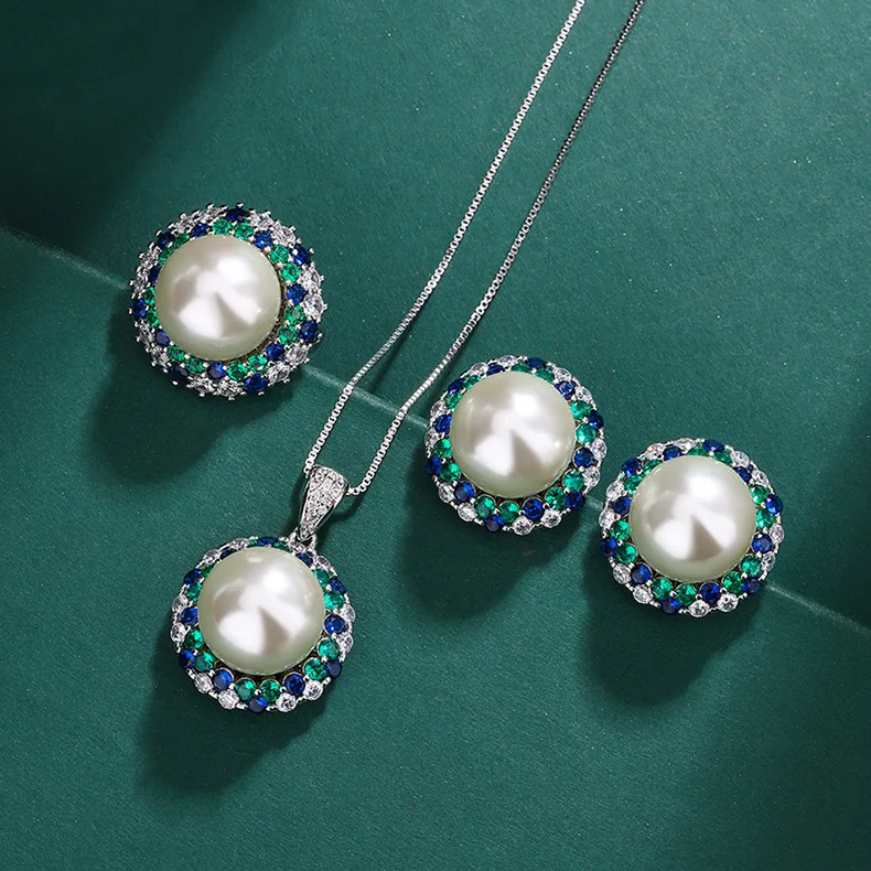 Pearl Necklace Jewelry Sets For Women Silver Needle Tahiti Earrings Set Emerald Zircon Rings Mothers Day Gift Set Luxury Charm