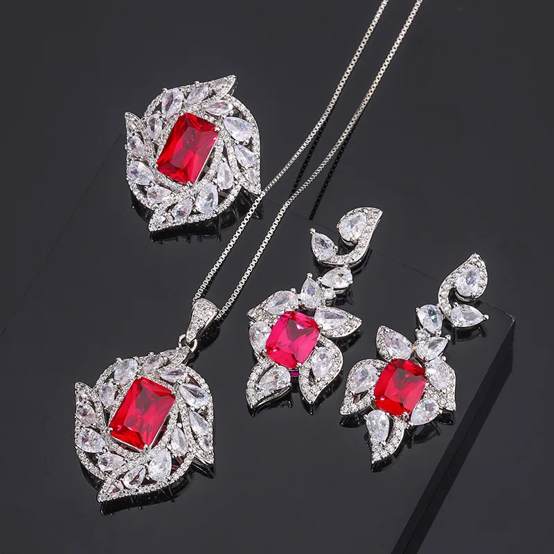 Rhinestones Jewelry Silver Luxury Woman New Ruby Tourmaline Ring Luxury Retro Earrings Temperament Necklace Sets For Women Gift