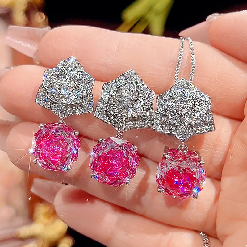 Rose Cut 12mm High Quality Zircon Pink Petal Pendant White Gold Plated Fashion Jewelry Set Best Seller Party Gift Trendy