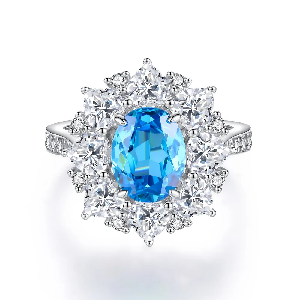 Oval Blue Gemstone Ring S925 Sterling Silver Fine Jewelry For Women Girl Emerald Cut  Lab Grown 5A Zircon High Carbon Diamond