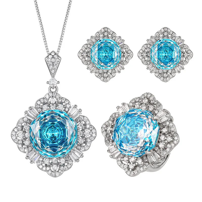 Millennium Cut 16-10mm High Quality Zircon Aqua Blue White Gold Plated Elegant Jewelry Set Party Trendy