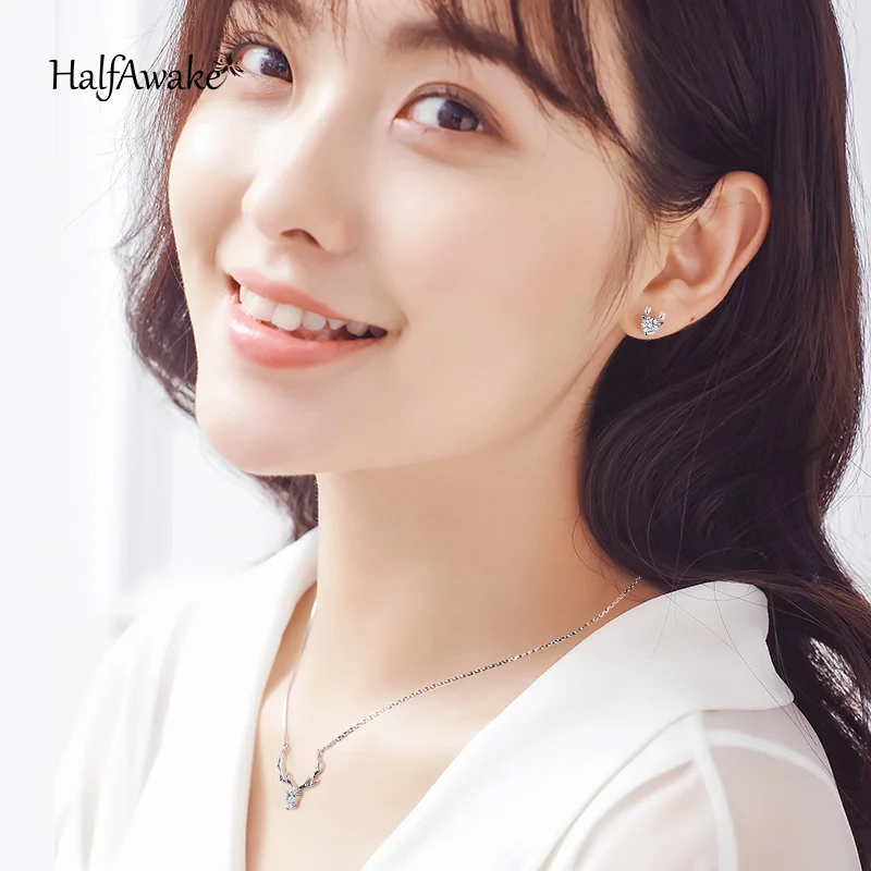 Delicate 925 Sterling Silver Jewelry Set Original Zircon Antler Elk Pendant Necklace Ring Earrings For Women Christmas Gift Gril